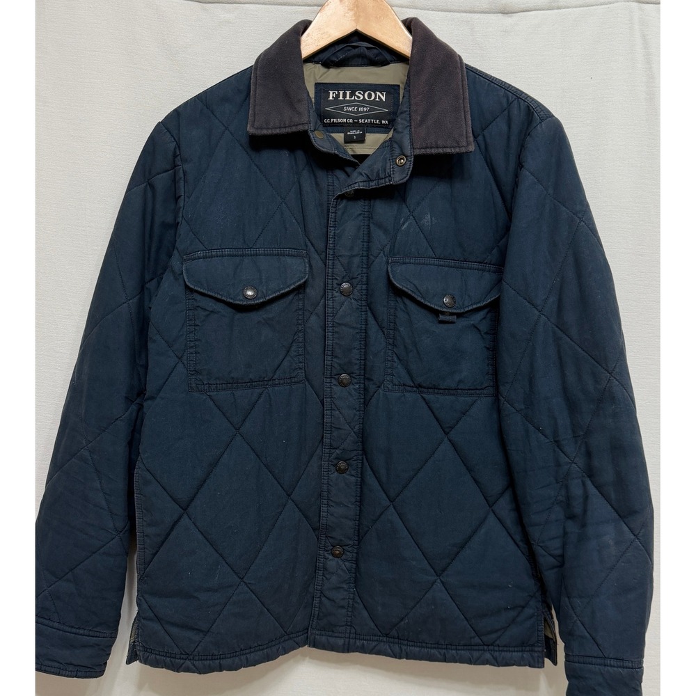 Filson Mens Quilted Jacket Navy Blue Waxed Cotton Workwear Outdoor Heritage S